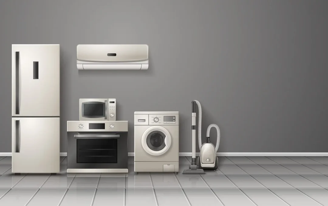 Household appliances realistic monochrome relocation image with refrigerator washing machine vacuum cleaner stove kitchen hood vector illustration
