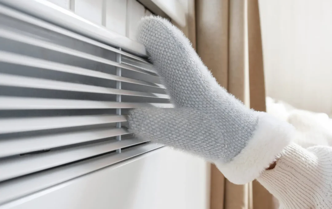 Hands in winter gloves warming up over electric heater. Frozen woman wearing a knitted mittens freezing for winter cold. Discomfort spending time at home. Girl warming hands on modern radiator.
